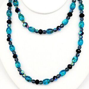 Artisan 31" Blue Splattered Glass Beaded Necklace Black Electroplated Beads